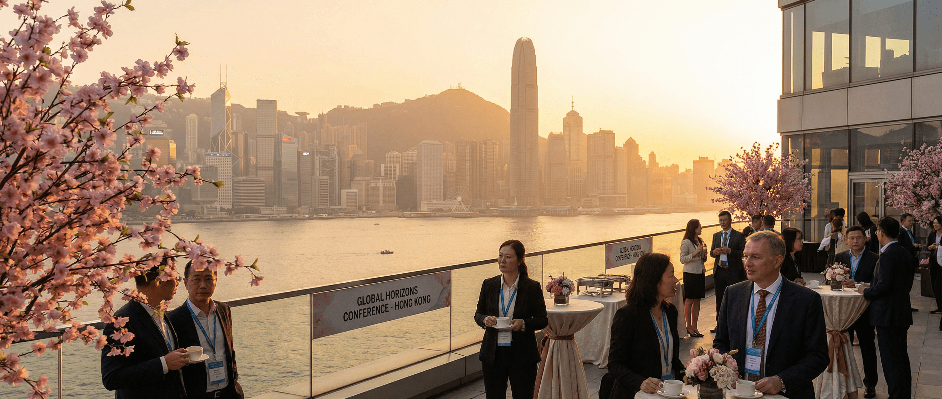 Hong Kong cityscape at dawn with cherry blossoms — Blooming Through Every Stage